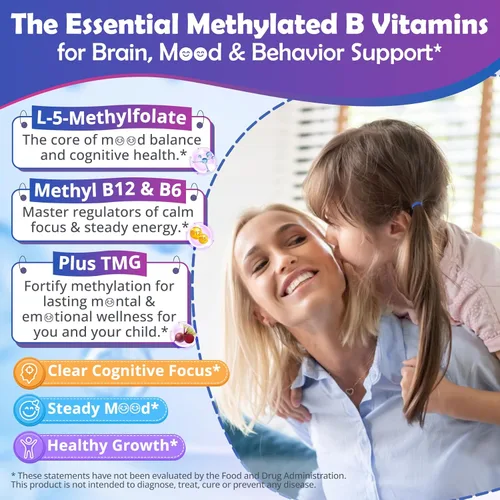 Miniatura 4 de L-metilfolato de 1000 mcg + gomitas de metilo B12 para niños y adultos – Activo 5-MTHF, con Omega-3 DHA y EPA (3:1), colina y TMG, B6, apoya el gen