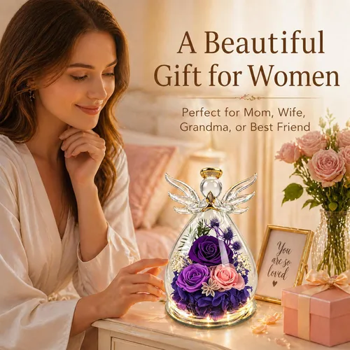 Miniatura 3 de Regalo de graduación de rosa morada para ella, regalos de cumpleaños para mujeres, rosa para siempre en flores frescas de vidrio, regalos de figura
