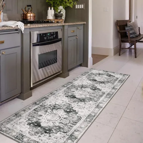 Miniatura 38 de Moynesa Alfombra de pasillo ultra fina lavable de 2 x 6 pies, antideslizante, resistente a las manchas, alfombra vintage que no desprende para Gris