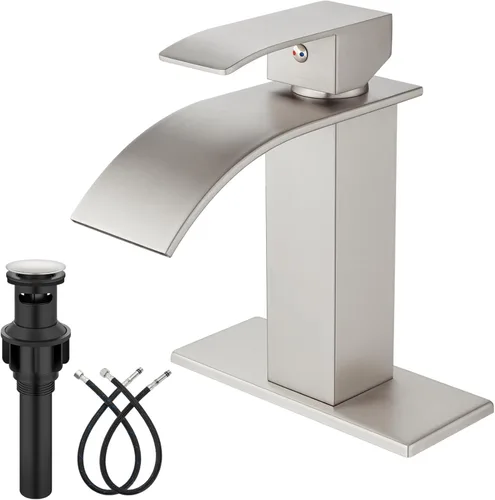 Midanya - Grifo de baño con boquilla tipo cascada, de un agujero o tres agujeros para montaje en cubierta, grifo de lavabo de acero inoxidable 304