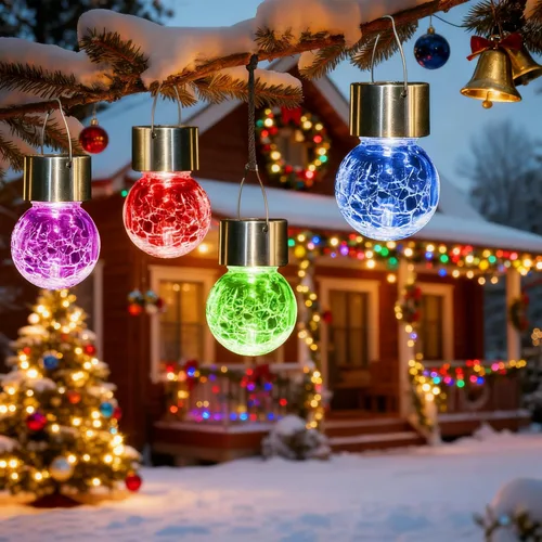 Solpex Luces solares colgantes al aire libre, paquete de 8 luces decorativas de bola de vidrio agrietado, iluminación solar impermeable, luces