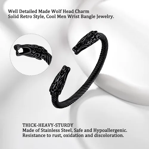 Miniatura 6 de Bestyle Brazalete vikingo de acero inoxidable pesado para hombres y niños, pulsera ajustable abierta de cuervoloboruna, vintage, retro, joyería