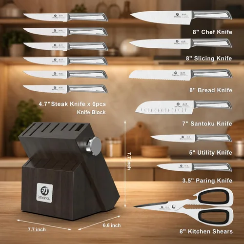 Miniatura 4 de imarku Juego de cuchillos de cocina con bloque y afilador incorporado, juego de 14 piezas de cuchillos de acero inoxidable japonés con cuchillo Negro