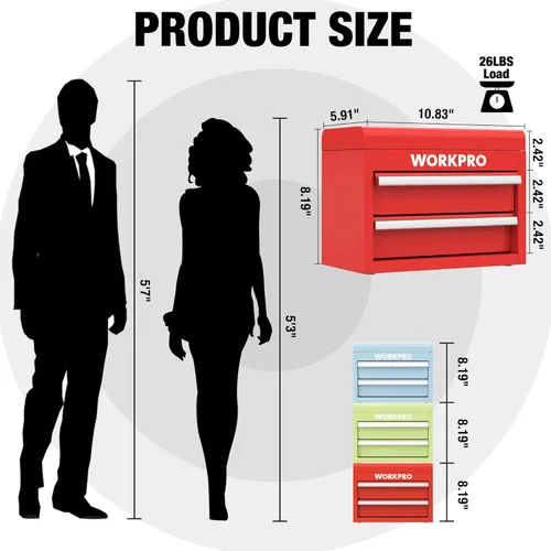 Miniatura 3 de WORKPRO Mini caja de herramientas de metal con 2 cajones y almacenamiento superior, pequeña caja de herramientas con forros de PVC y almohadillas