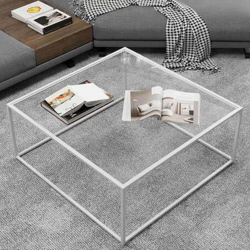 Mesa de café de vidrio cuadrada, mesa de café cuadrada para espacios pequeños, mesa central minimalista moderna para sala de estar, oficina en casa,
