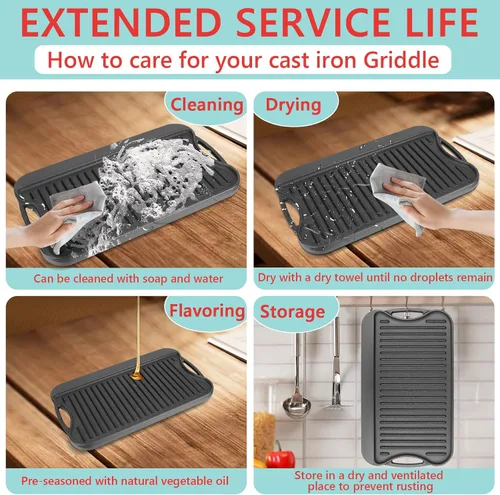 Miniatura 4 de Plancha reversible de hierro fundido 2 en 1 para parrilla de gas, sartén superior plana para estufa de gas, sartén superior para horno pre-sazonado