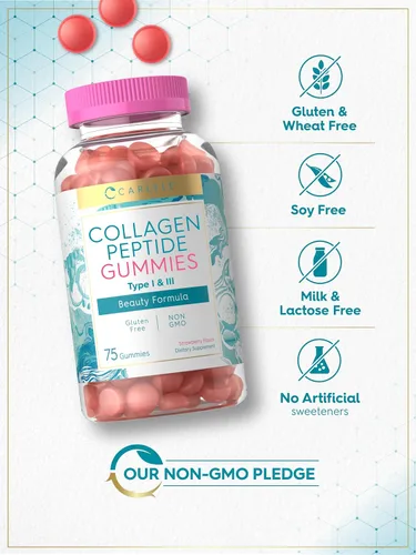 Miniatura 5 de Carlyle Gomitas de colágeno Suplemento de belleza con sabor a fresa Péptidos de colágeno para mujeres y hombres Tipo 1 y 3 Sin OMG, sin