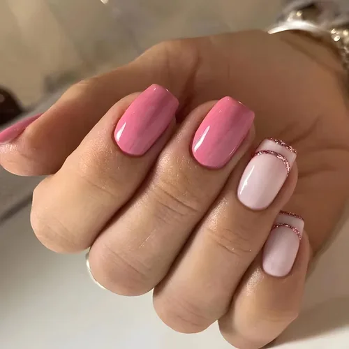 Miniatura 11 de Uñas postizas a presión con puntas francesas, uñas postizas de color rosa medio con diamantes de imitación brillantes, uñas postizas acrílicas