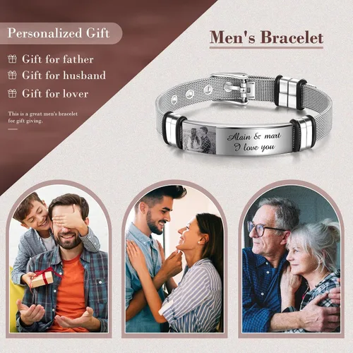 Miniatura 6 de Pulseras personalizadas para hombres, pulseras de acero inoxidable grabadas con foto y texto, regalos de joyería personalizados para novio, padre