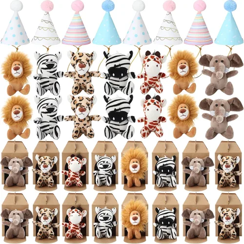Miniatura 12 de Juego de 20 Mini Juguetes de Peluche Animales de Peluche Perros con Sombreros de Cumpleaños Cajas de Papel Kraft Cachorros de Peluche Pequeños