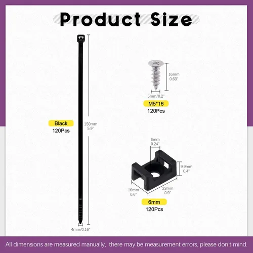 Miniatura 2 de Swpeet 360 bridas negras con cierre automático para cables (5.906 x 0.157 in) y base de montaje de brida de cables tipo sillín de 0.24 pulgadas