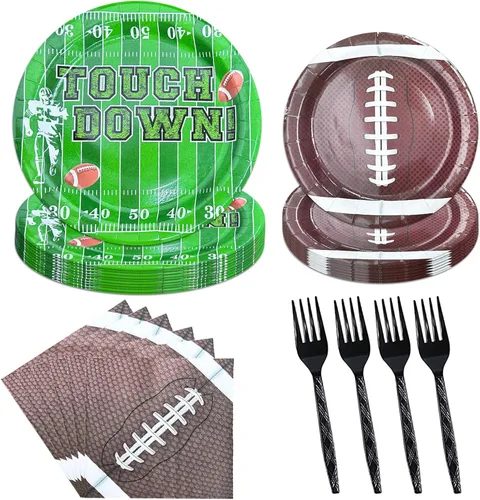 Miniatura 8 de 96 platos de fútbol y servilletas, suministros para fiesta, juegos de vajilla para fiesta de fútbol, incluye platos de papel, servilletas, tenedor
