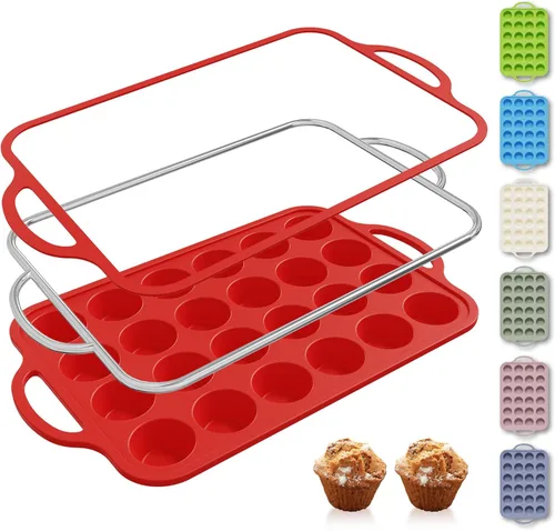 Miniatura 26 de 2 paquetes de 12 tazas de molde para magdalenas de silicona para hornear con marco reforzado de metal, molde para cupcakes de tamaño regular, Crema