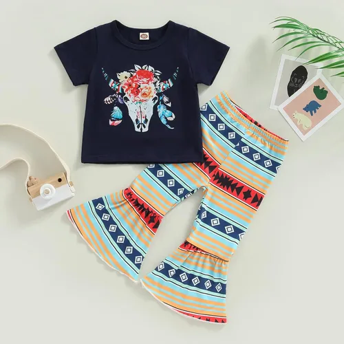Miniatura 2 de fhutpw Conjunto de camiseta de manga corta con estampado de vaca y pantalones acampanados de dibujos animados para niñas