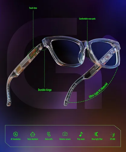 Miniatura 6 de Lentes inteligentes AI, gafas de audio Bluetooth para hombres y mujeres, lentes inteligentes de luz azul con cancelación de ruido, llamadas manos