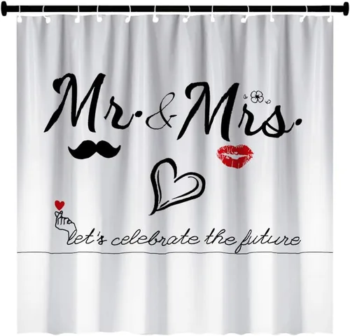 Mr Mrs - Cortina de ducha para parejas enamoradas, bodas, baño nupcial, juego de cortinas de tela para decoración de baño con ganchos, 71 x 71