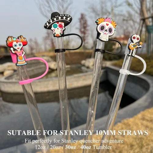 Miniatura 2 de 4 fundas de silicona para popotes Stanley Cup – Diseño de calavera mexicana, 0.394 in, a prueba de polvo, reutilizables Cráneo