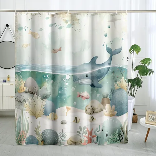Miniatura 13 de Juego de cortinas de ducha de ballena azul, divertidas cortinas de ducha de dibujos animados de océano para baño, decoración de baño para niños