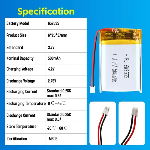 Miniatura 5 de 602535 3.7V Lipo Batería 500mAh 602535 Batería recargable de polímero de litio con conector JST PH2.0.000 in para dispositivo electrónico