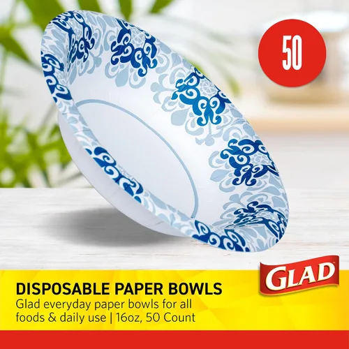 Miniatura 2 de Glad Cuencos redondos de papel desechables, diseño victoriano azul, resistentes, a prueba de remojo, resistentes a cortes, cuencos de papel