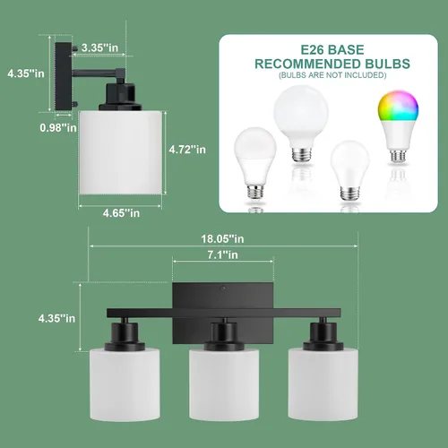 Miniatura 6 de Luces de baño negras sobre espejo, lámpara de tocador antioxidante para baño, lámpara de pared moderna de 3 luces para sala de estar, base E26