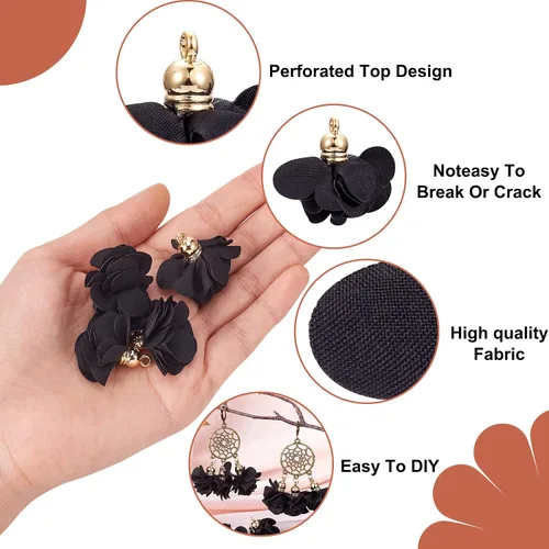 Miniatura 3 de Cheriswelry 50 colgantes de tela de tela de flores de tela negra con pétalos florales con tapa dorada en forma de campana para manualidades, aretes