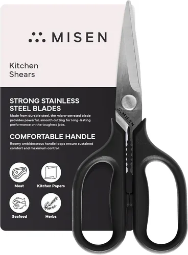 Miniatura 12 de Misen Tijeras de cocina resistentes, acero inoxidable, tijeras versátiles y fáciles de limpiar para carne, hierbas y verduras, mango ambidiestro Rojo