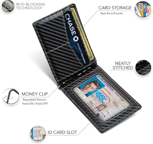 Miniatura 23 de Serman Brand RFID billetera de bloqueo Slim Bifold – cuero genuino minimalista bolsillo frontal carteras para hombres con clip para dinero, cartera