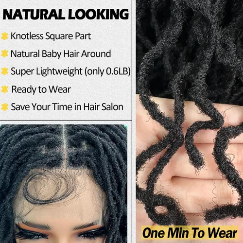 Miniatura 4 de SOKU Peluca de Encaje Frontal con Locs Falsos Cortos y Rizados de 12 Pulgadas Negro Natural 4x4 Espacio de Separación Grande Pelucas de Rastas