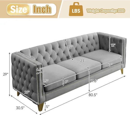 Miniatura 2 de Sofá de terciopelo de 3 plazas, cómodos sofás para sala de estar, sofá moderno con respaldo copetudo y decoración de remaches, sofá largo tapizado