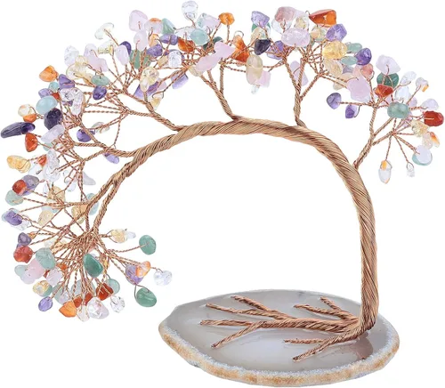 Miniatura 8 de Nupuyai Árbol de dinero de cristal curativo de alambre de cobre de 3-4 pulgadas para la buena suerte, base de rodajas de ágata bonsái, decoración