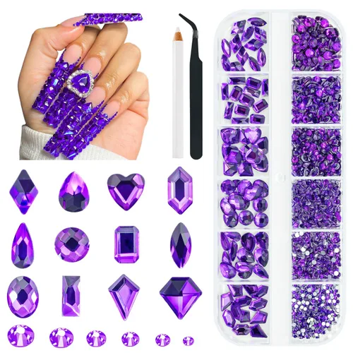 Miniatura 9 de Qiipii 2052 piezas de diamantes de imitación amatista púrpura para uñas, diamantes de imitación de vidrio de color lila claro para uñas, 72 formas