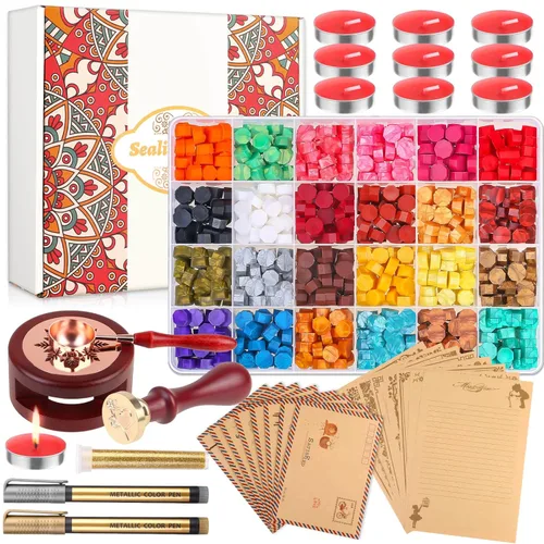 Anezus Kit de sellado de 754 piezas con cuentas de cera, sello, calentador, sobres vintage, bolígrafo metálico para sellado de cartas, invitaciones,