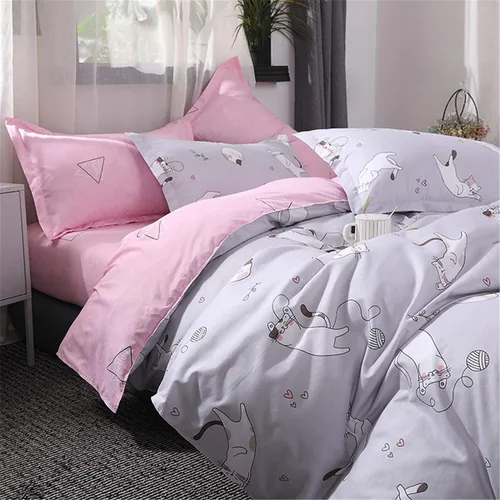 Miniatura 2 de Omelas - Juego de funda de edredón gris para niñas, tamaño Queen, Matrimonial, con encantadores gatos que juegan con geometría rosa, funda