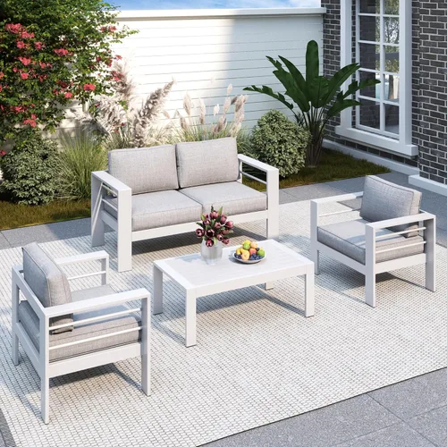 Miniatura 16 de Solaste Juego de muebles de patio de aluminio para todo tipo de clima, moderno juego de muebles de metal para exteriores con asientos profundos
