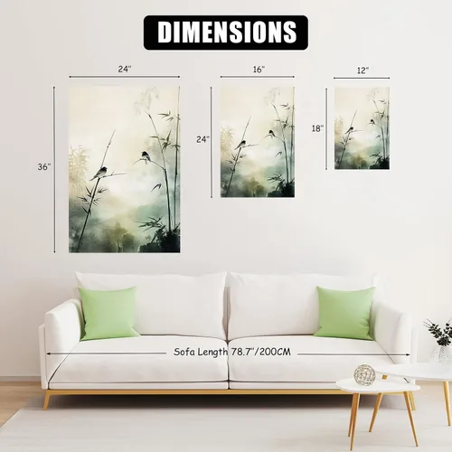 Miniatura 4 de Sutanun Lienzo de paisaje abstracto japonés para pared, impresión de bosque brumoso verde de tres paneles con pájaros y árboles, arte minimalista