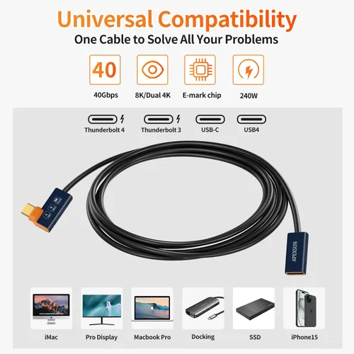 Miniatura 2 de APEXSUN Cable de extensión USB C (1.6 pies), cable coaxial corto USB-C macho a hembra compatible con Thunderbolt 4/3, USB4, PD240W, video 8K/4K