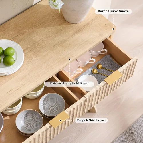 Miniatura 5 de T4TREAM - Gabinete grande de aparador con almacenamiento, mesa de buffet moderna estriada de 60" para barra de café, vino, gabinete de Roble natural