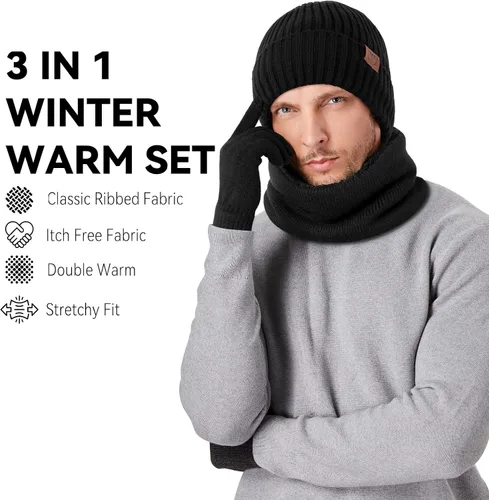 Miniatura 11 de OZERO Juego de 3 piezas de gorro de invierno y bufanda para mujeres y hombres: guantes para pantalla táctil, gorro de punto, calentador de cuello