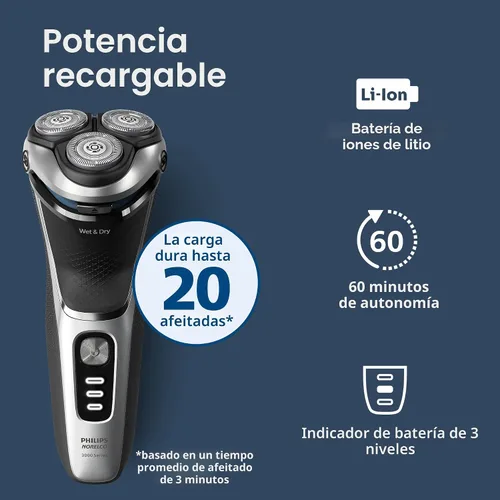 Miniatura 7 de Philips Norelco Shaver 3900 Series, afeitadora eléctrica húmeda y seca, P-Cap, estuche de viaje, soporte de carga, azul tormenta, modelo S3341/92
