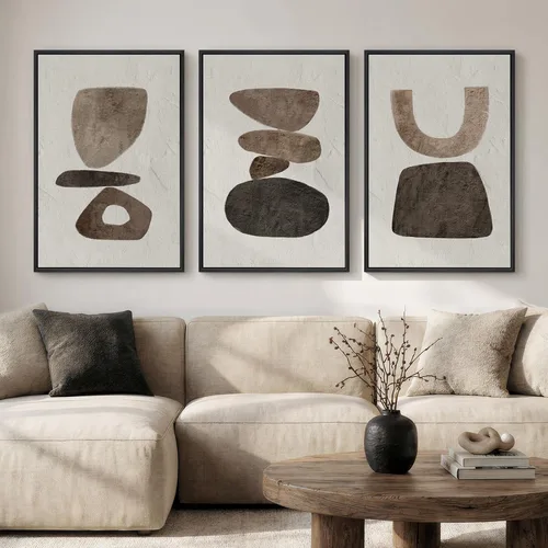 Miniatura 19 de Arte de pared abstracto neutro con marco grande para sala de estar, 3 piezas, impresiones modernas en lienzo para paredes, cuadros negros y beige