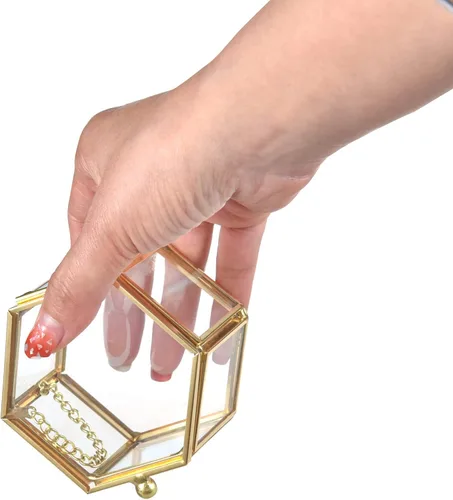 Miniatura 4 de Feyarl Pequeña caja de joyería de cristal dorado para joyería de joyería de joyería de cristal adornado, caja organizadora de recuerdos, caja