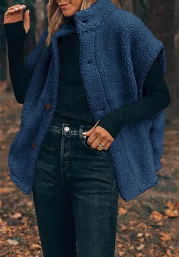 Miniatura 13 de Hongqizo - Chaleco de forro polar mullido para mujer, casual, de gran tamaño, cálido, con botones, chaqueta de sherpa con bolsillos