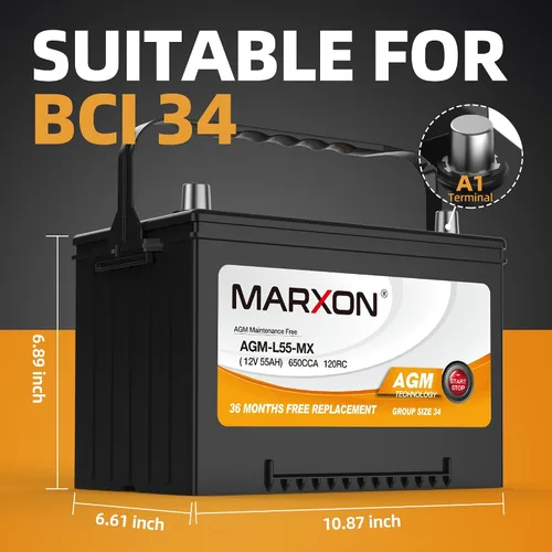 Miniatura 2 de MARXON Grupo 34 Arrancar y detener la batería de coche 12v 55AH 650CCA AGM BCI34 Baterías de repuesto automotrices sin mantenimiento
