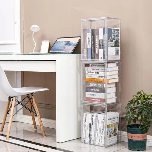 Miniatura 7 de FABROK Caja Organizadora de Almacenamiento de Libros Transparente, Estuche de Exhibición de Libros de Plástico Apilable con Puerta Magnética