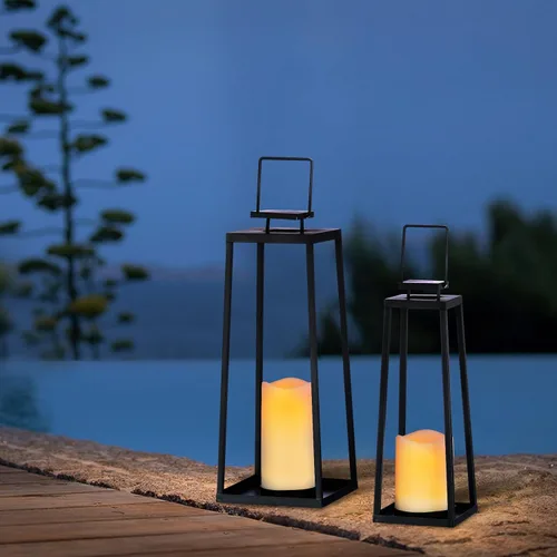 Miniatura 6 de Juego de 2 faroles solares decorativos para exteriores (18 y 15 pulgadas) modernos faroles de metal negro con velas solares, faroles decorativos