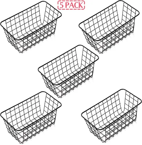 Miniatura 8 de Paquete de 5 cestas de almacenamiento de alambre para el hogar, contenedores de metal montados en la pared, contenedores organizadores para cocina