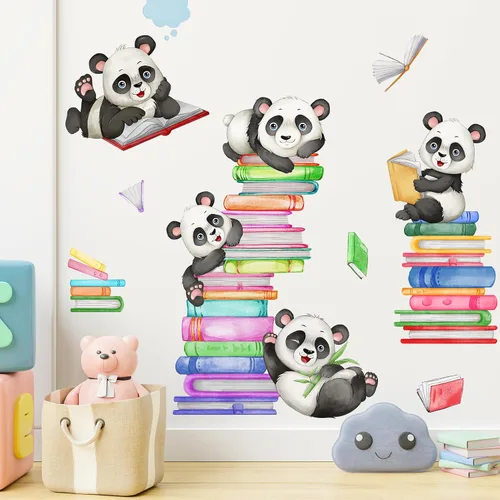 Miniatura 5 de Amaonm - Calcomanía de pared de libro de lectura de panda feliz de dibujos animados, calcomanías educativas, decoración artística para niños, niños