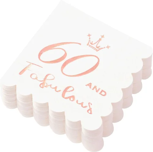 Servilletas de cóctel de 60 y fabulosas color oro rosa, decoraciones de cumpleaños 60 para mujer, servilletas desechables plegadas de 5 x 5 60 y