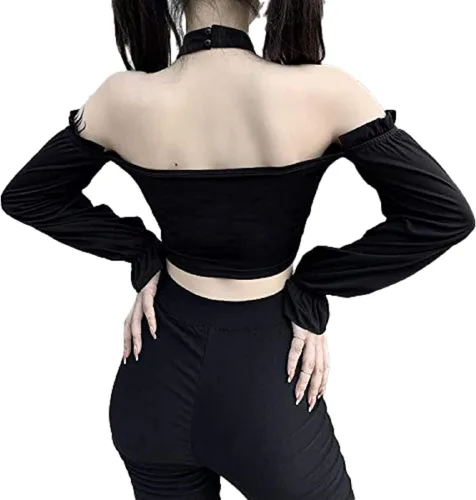 Miniatura 2 de Dark Punk Crop Top con Cadenas Mujer Punk Off Hombro Hueco Sólido Sin Espalda Tops